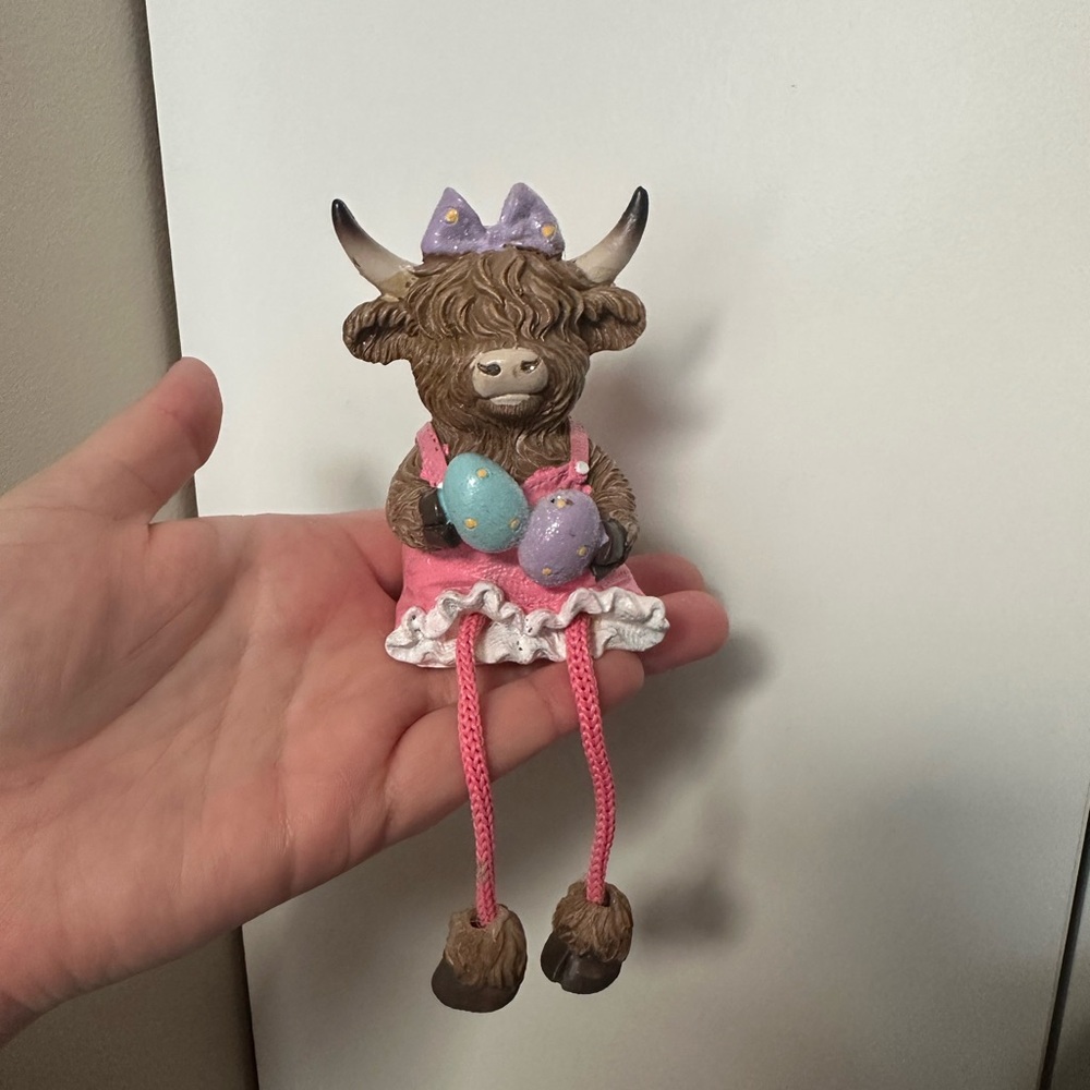Hobby Lobby Highland Cow Figurine Holding Pastel Eggs - Pink Dress